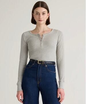 Quince Size XL Micro-Rib Henley Long Sleeve Tee Heather Oatmeal Organic Cotton